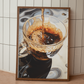 Coffee-themed painting with a focus on a pouring coffee into a cup, in tones of beige, brown, and white, perfect for home decor and wall painting. Canvas print, painting for home