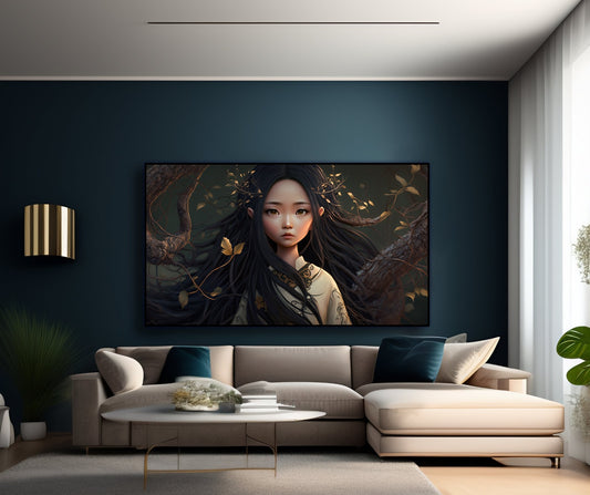 Golden Leaf Woman Framed Canvas